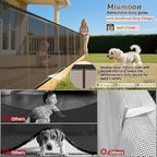 Miumoon extra wide mesh dog gate installed at the bottom of indoor wooden stairs