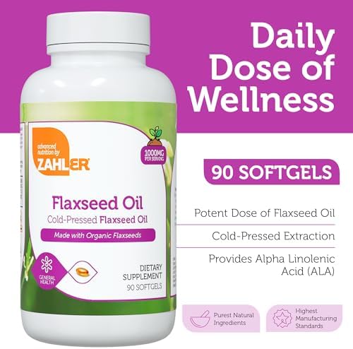 Zahler cold pressed flaxseed oil supplement bottle showing certified organic nutritional facts
