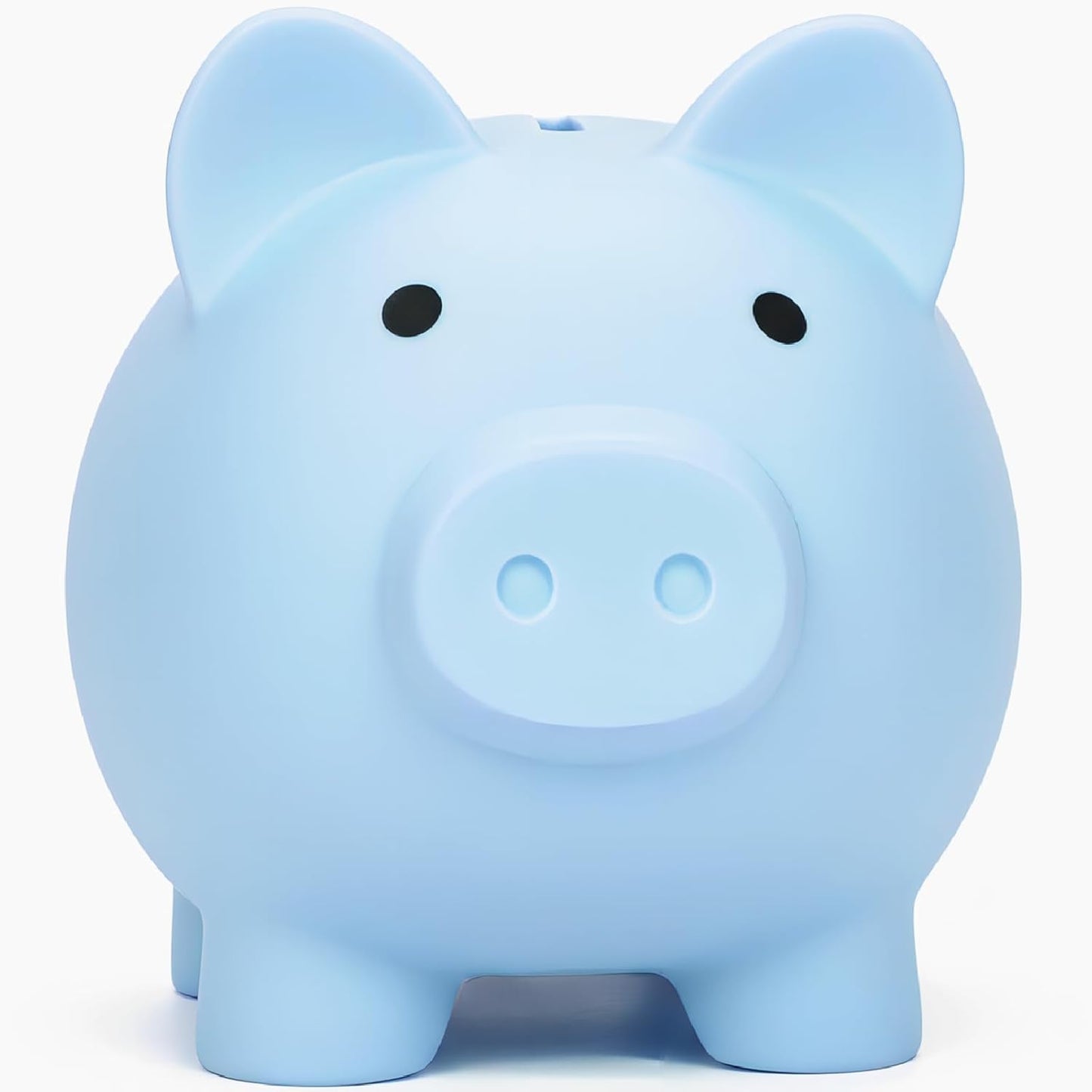 Sbrvaniy unbreakable plastic piggy bank front view showing cute blue cartoon pig design for kids savings.