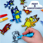Close-up of the included eight non-toxic window paint tubes and seven ready-to-customize character frames.