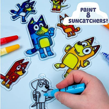 Close-up of the included eight non-toxic window paint tubes and seven ready-to-customize character frames.