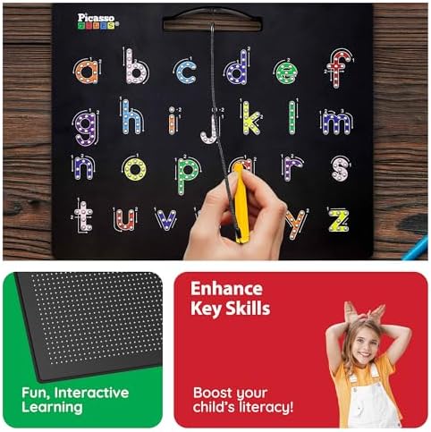 Child holding PicassoTiles magnetic alphabet learning pad.