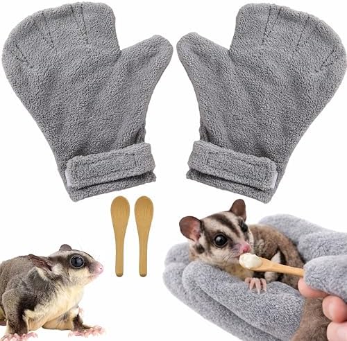 Grey fleece pet handling gloves for safe cage-side interactions with small animals.