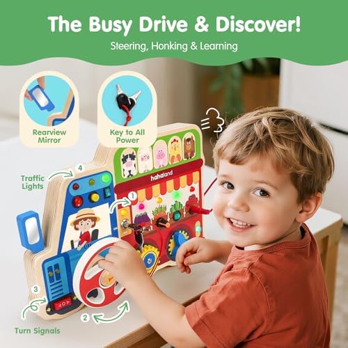 Toddler educational toy featuring gears keys and steering wheel horn components