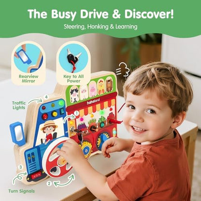 Toddler educational toy featuring gears keys and steering wheel horn components