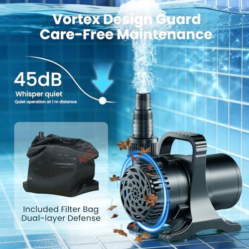 OYO Water magnetic drive pond pump enclosed inside the included black protective mesh filter bag.