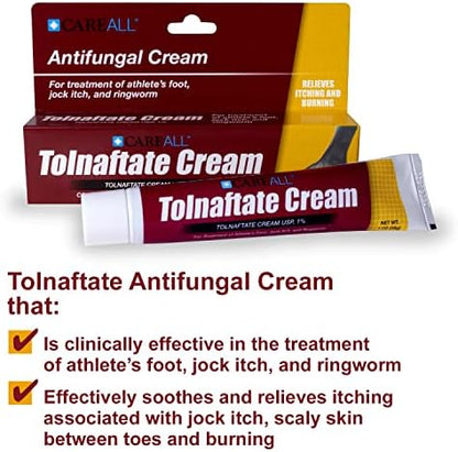 CareAll tolnaftate cream packaging highlights for jock itch and ringworm relief