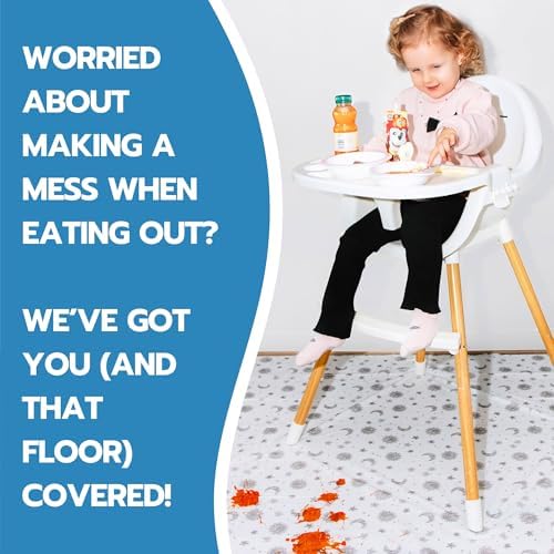 Extra large waterproof baby splat mat protecting wooden flooring from dropped food and spills.