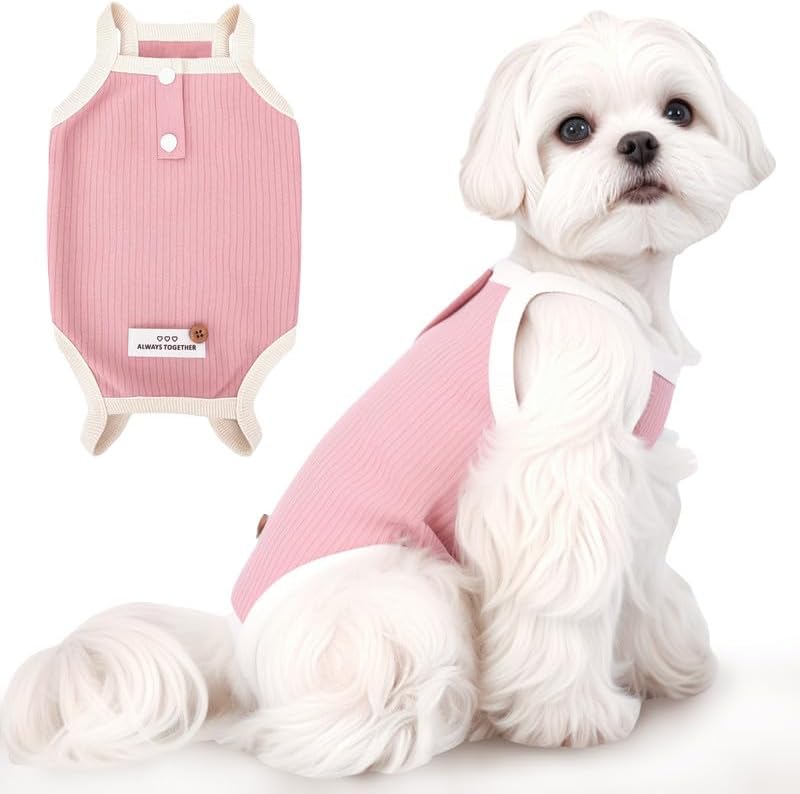 Simloyal small dog recovery suit pink front view protective post surgery onesie for female puppies