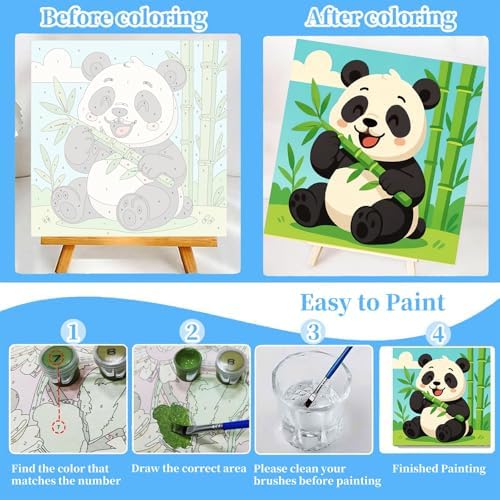 Small wooden display easel holding a completed 8x8 inch animal painting