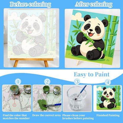 Small wooden display easel holding a completed 8x8 inch animal painting