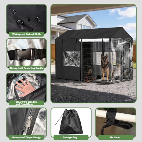 All weather black dog kennel cover with roll up zippered doors