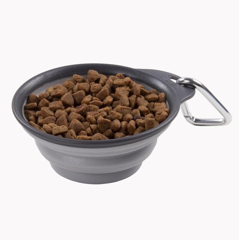 Light gray silicone one cup capacity pet feeding bowl with carabiner clip