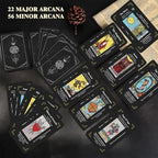 Black themed tarot cards spread on a table for divination