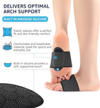 HiRui black elastic foot arch brace being worn with sneakers for athletic support.