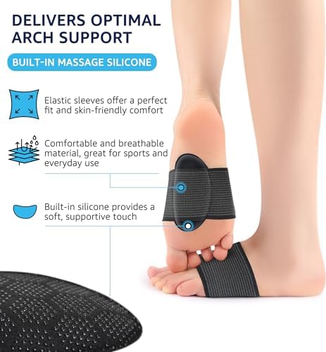 HiRui black elastic foot arch brace being worn with sneakers for athletic support.