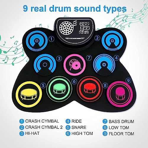 EKEMOND portable roll-up digital drum kit displayed alongside the two wooden drumsticks and twin foot pedals.