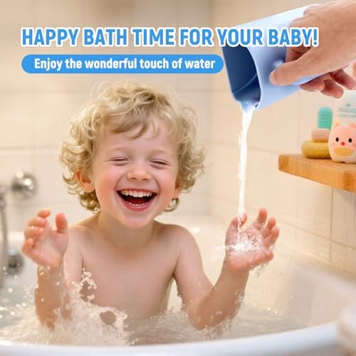 Close up view of the food grade silicone material and ergonomic handle of the baby bath cup.