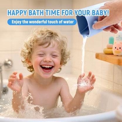 Close up view of the food grade silicone material and ergonomic handle of the baby bath cup.