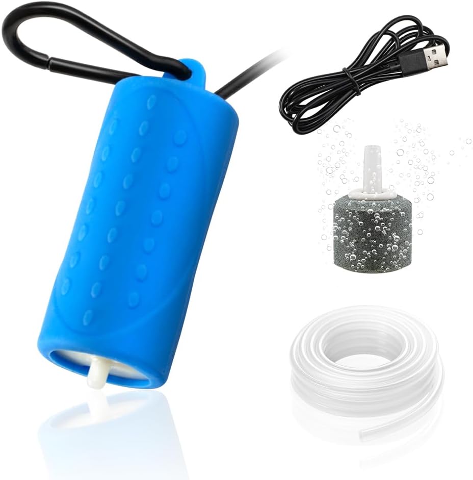 DaToo USB Mini Aquarium Air Pump Ultra Quiet Fish Tank Air Pump with Black Hanging Clasp Portable Aquarium Oxygen Aerator Pump Includes Fish Tank Airline Tubing and Air Stone(1W/2W/3W) - Image 1