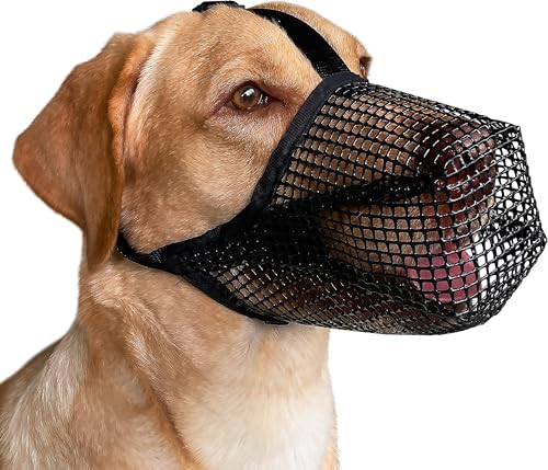 Side angle of the soft covered dog muzzle highlighting the adjustable straps and secure fit.