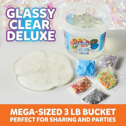 Clear slime bucket from Elmer's showing kids blending bingsu beads into the glassy base