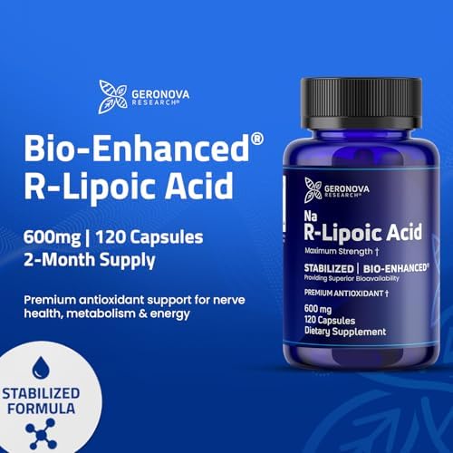 Supplement facts panel on the back of Geronova Research Bio-Enhanced R-Lipoic Acid detailing ingredient dosages