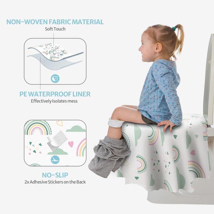 Extra large waterproof potty training liners laid out flat on a toilet seat