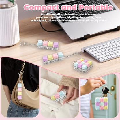 Full packaging arrangement of the three pieces of Gliging stress relief clickers showing different key layout configurations