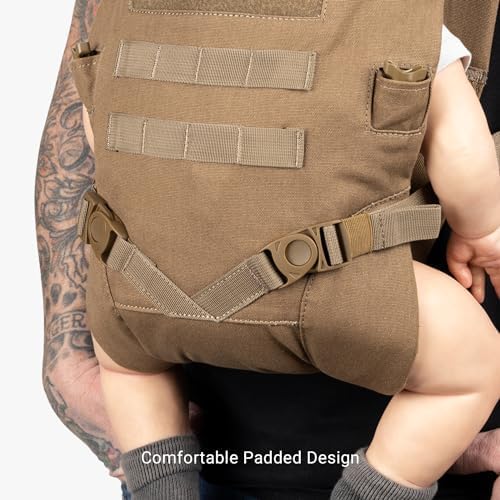 Close-up detail of the wide base design on the Tactical Baby Gear carrier emphasizing hip healthy placement.