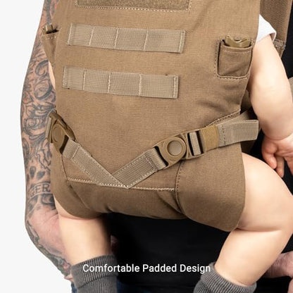 Close-up detail of the wide base design on the Tactical Baby Gear carrier emphasizing hip healthy placement.