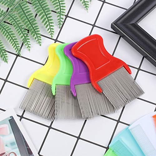 Collection of four metal and four plastic lice combs in orange blue purple and white.