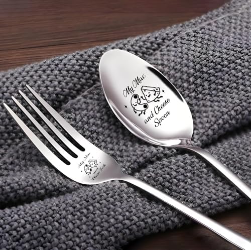 Close up of engraved funny mac and cheese spoon for kitchen gift