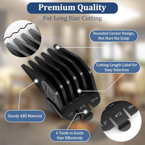 Top down shot showing the thickness and high quality ABS plastic construction of the extended length hair guard attachment combs.