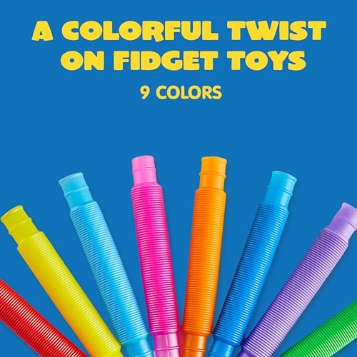 Nine vibrant colors of non toxic pop tubes lined up for kids party favors