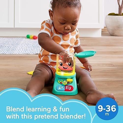 Fisher-Price pretend blender toy with five colorful fruit and vegetable play pieces displayed.