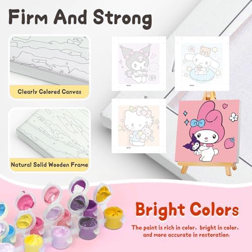 Premium arts and crafts kit for children featuring 4 pre-framed 8x8 inch cartoon designs and paintbrushes.