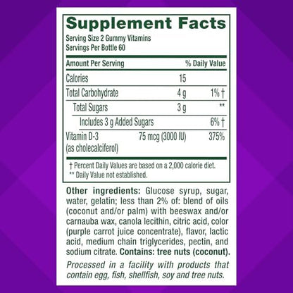 Authentic packaging of Vitafusion premium sunshine vitamin D3 gummies for immune wellness.