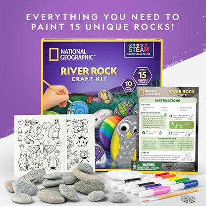 Complete contents of the premium educational STEAM rock painting activity kit arranged flat on a table.
