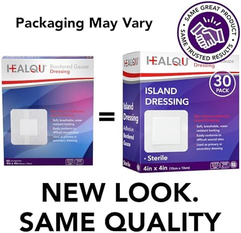 Individual sterile wrapped package of Healqu four by four inch island wound dressing.
