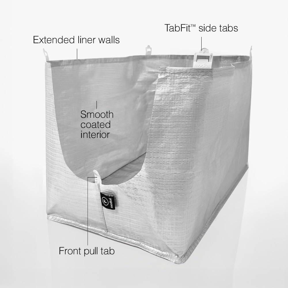 Front pull tab feature on reusable Modkat litter box liner