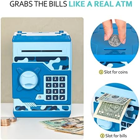 Packaging box and base battery compartment view of the imported Vcertcpl electronic mini ATM bank toy.