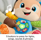Fisher-Price educational plush dog showing the three smart stages developmental levels packaging
