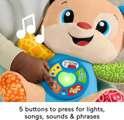 Fisher-Price educational plush dog showing the three smart stages developmental levels packaging