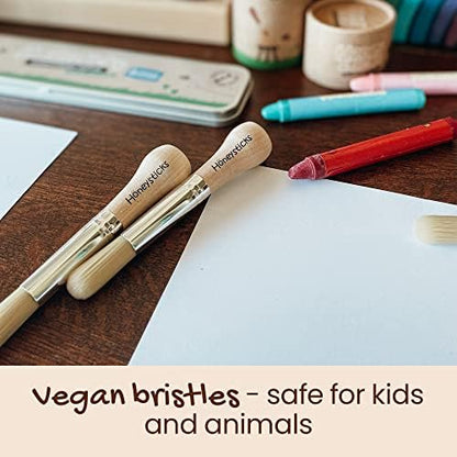 Soft vegan bristles of the Honeysticks first paint brush set showing cruelty free construction