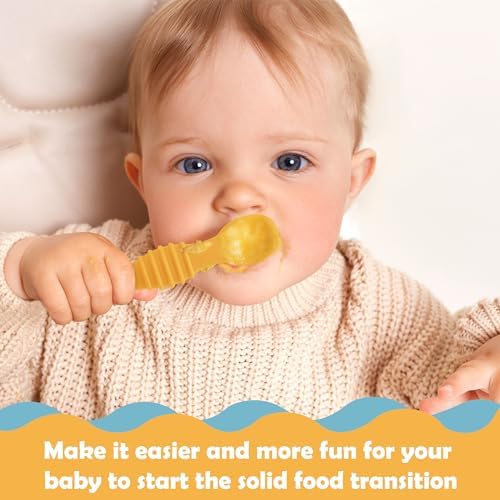 Close up view of the flexible tip on the silicone baby feeding spoon.