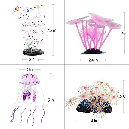 Uniclife 4 pack aquarium decor showing the assorted multi-colored silicone corals and marine plant imitations.