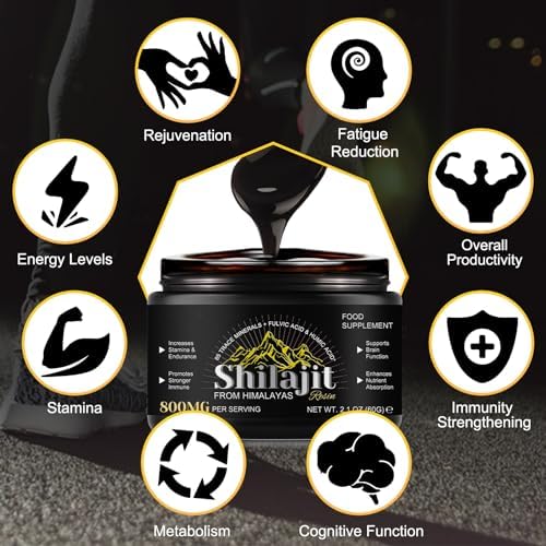 Pure Himalayan Shilajit dietary supplement showing rich dark resin rich in fulvic acid