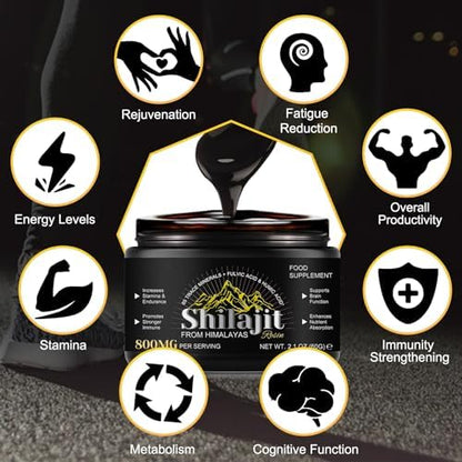 Pure Himalayan Shilajit dietary supplement showing rich dark resin rich in fulvic acid