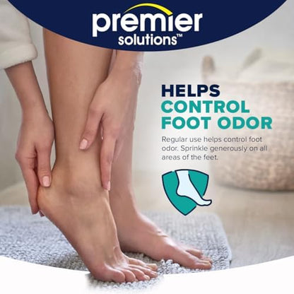 Premier Solutions foot powder being sprinkled into a running shoe